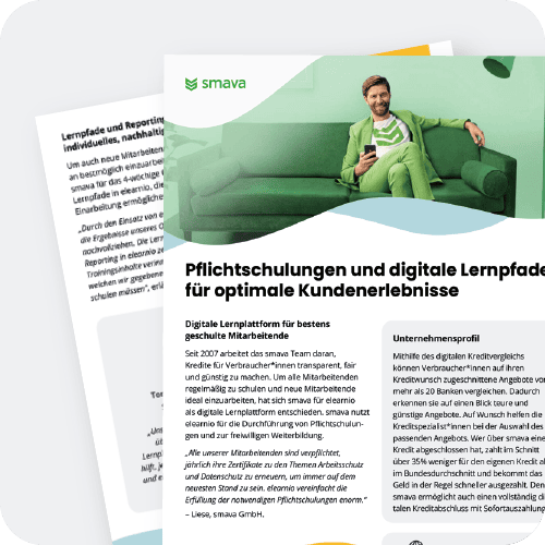 Mockup einer Success Story von smava mit dem Titel ‚Pflichtschulungen und digitale Lernpfade für optimale Kundenerlebnisse‘. Zu sehen ist ein lächelnder Mann auf einem grünen Sofa, ergänzt durch Text über die Vorteile digitaler Lernplattformen.