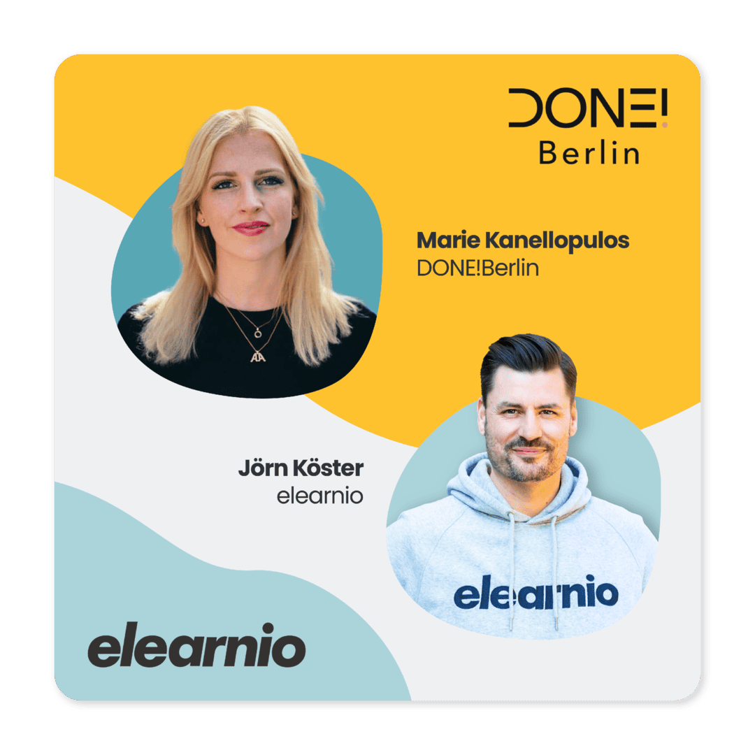 Webinar-Grafik mit Marie Kanellopulos von DONE!Berlin und Jörn Köster von elearnio.