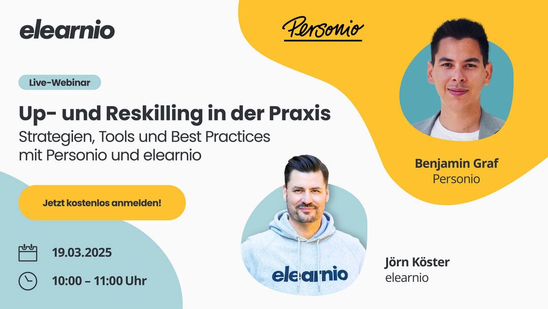 Auf diesem Bild wird das Webinar von Personio und elearnio am 19.03.2025 beworben. Die Speaker sind Jörn und Benjamin.