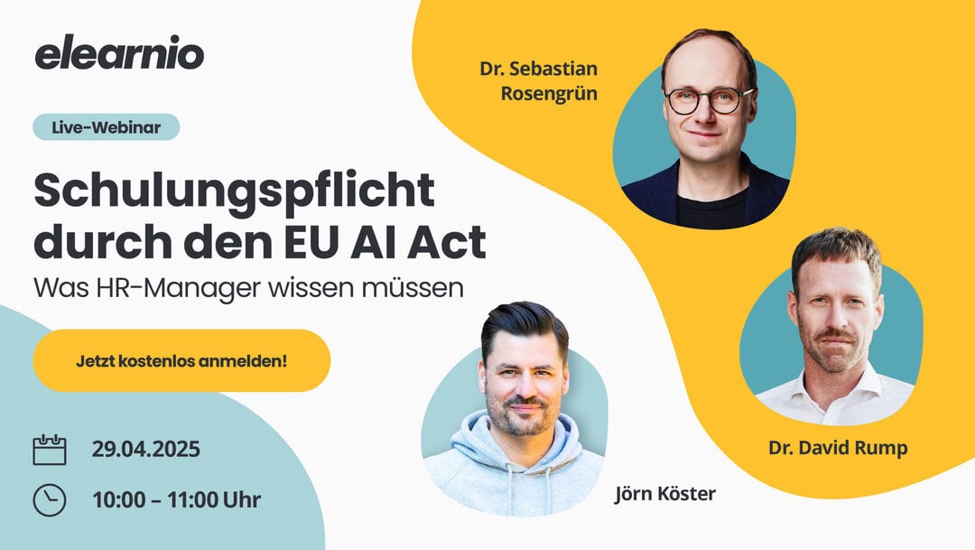 Auf diesem Bild sieht man Informationen zum Webinar zum Thema "EU AI Act" am 29.04.2025 und Portraitbilder der Referenten.