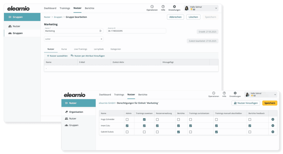 Das Bild zeigt zwei Screenshots der Lernplattform elearnio in Bezug auf das Rechte- und Rollensystem