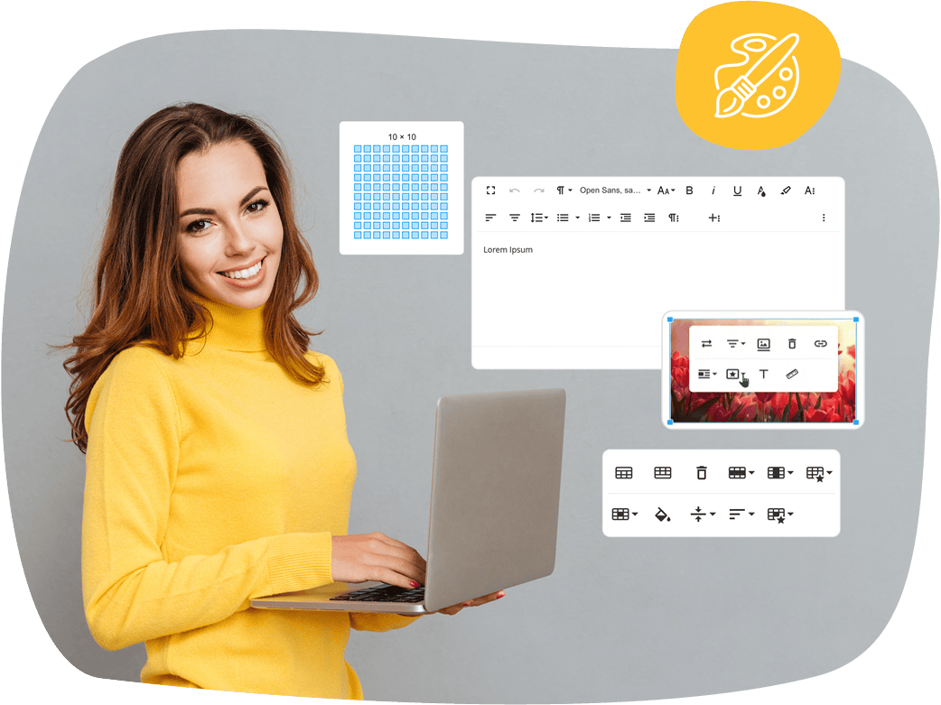 Das Bild zeigt das Beitragsbild des elearnio Blogposts zum neuen Editor in der eigenen Lernplattform. Eine Frau mit einem Laptop in der Hand lächelt in die Kamera. Neben ihr sieht man die Funktionen des neuen Editors in überlappenden Screenshots abgebildet.