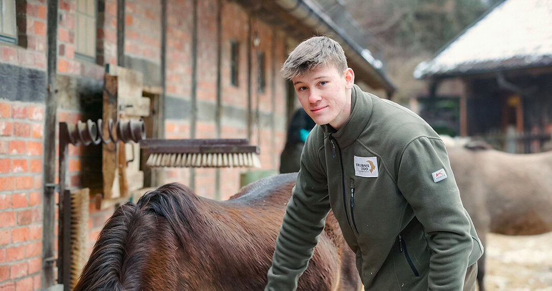 Das Bild zeigt einen jungen Mitarbeiter vom Erlebnis-Zoo Hannover. Er steht vor einem Pferd, welches den Kopf gesenkt hat.