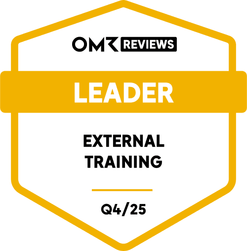Das transparente Bild zeigt ein gelbes Siegel von OMR Reviews für elearnio als "Leader" in der Kategorie "External Training" für das vierte Quartal im Jahr 2025.