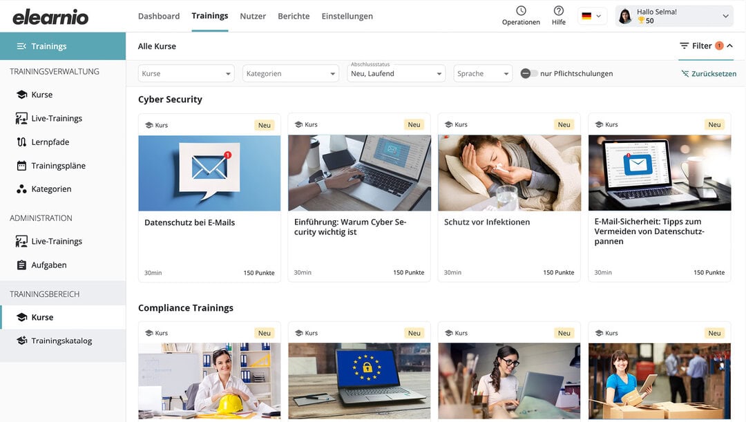 Das Bild zeigt einen Screenshot des LMS elearnio aus Sicht des Admins wie man sehen kann welche Kurse im Kurskatalog für die Nutzer hinterlegt sind.