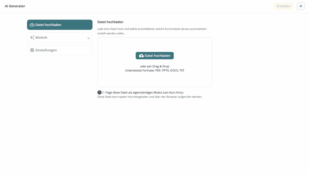Screenshot des elearnio KI-Generators mit der Option zum Upload verschiedener Dateiformate zur Erstellung von Kursmodulen.