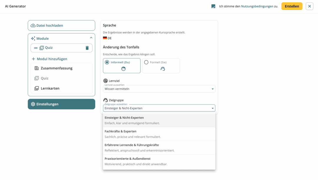 Screenshot der Einstellungen für den elearnio KI-Generator mit Optionen für die Sprache, den Tonfall, dem Lernziel und der Zielgruppe. Darunter ist ein geöffnetes Dropdown-Menü mit vier Zielgruppen-Optionen.