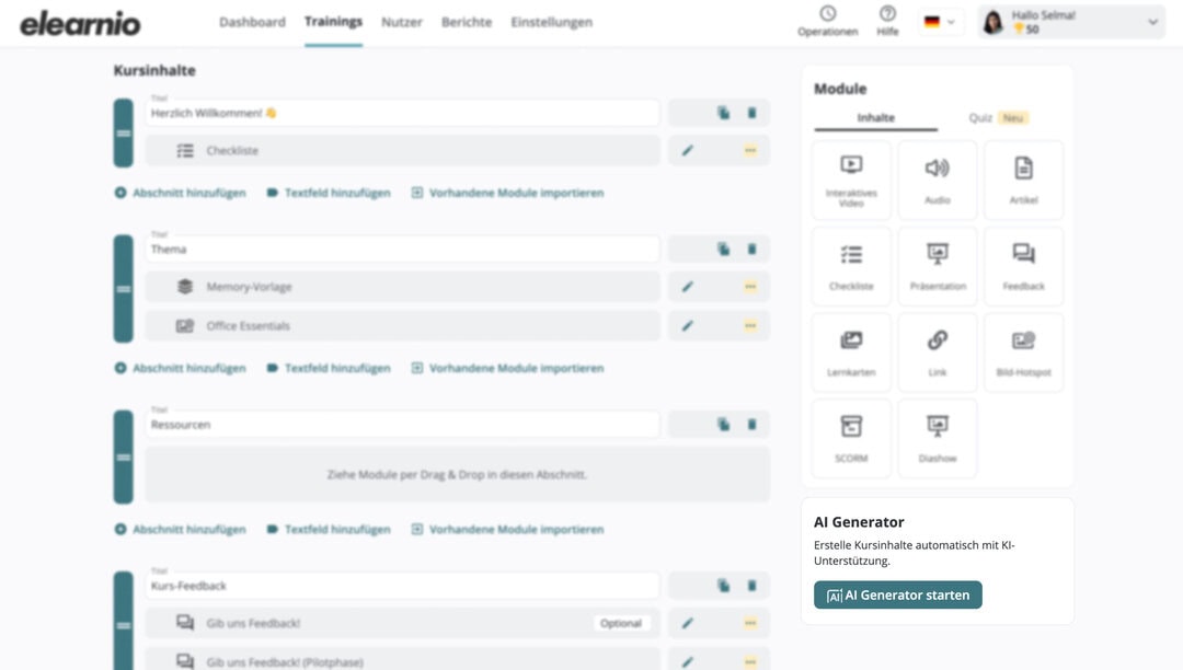 Screenshot der Kursbearbeitungsansicht des LMS "elearnio" mit mehreren Kursabschnitten, Modulen und dem Button zum KI-Generator, welcher visuell hervorgehoben ist.
