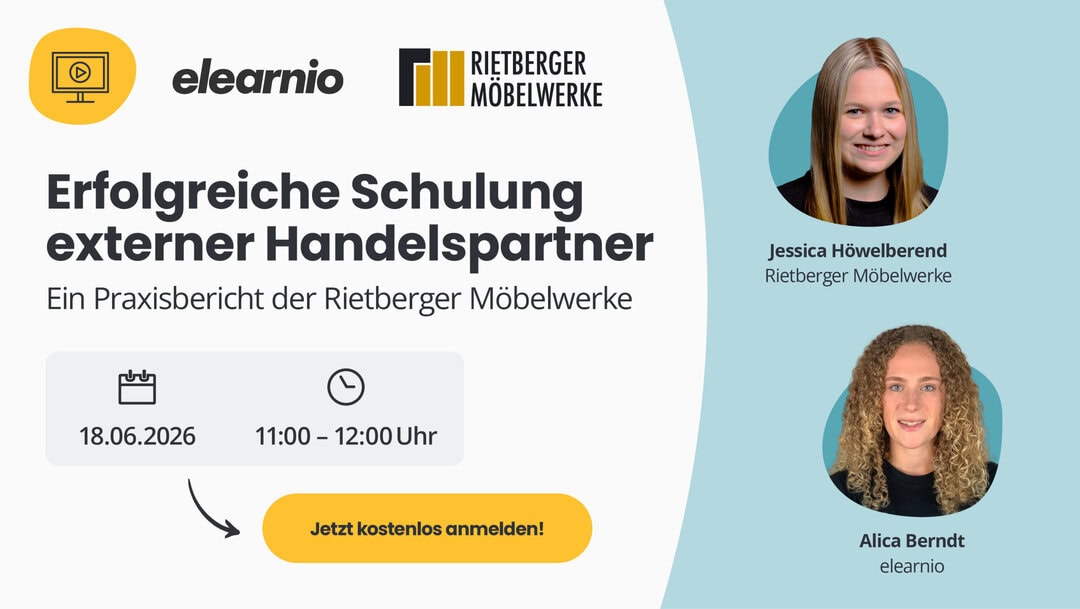 Webinar Banner des Kundenwebinars mit den Rietberger Möbelwerken zum Thema "Erfolgreiche Schulung externer Handelspartner".