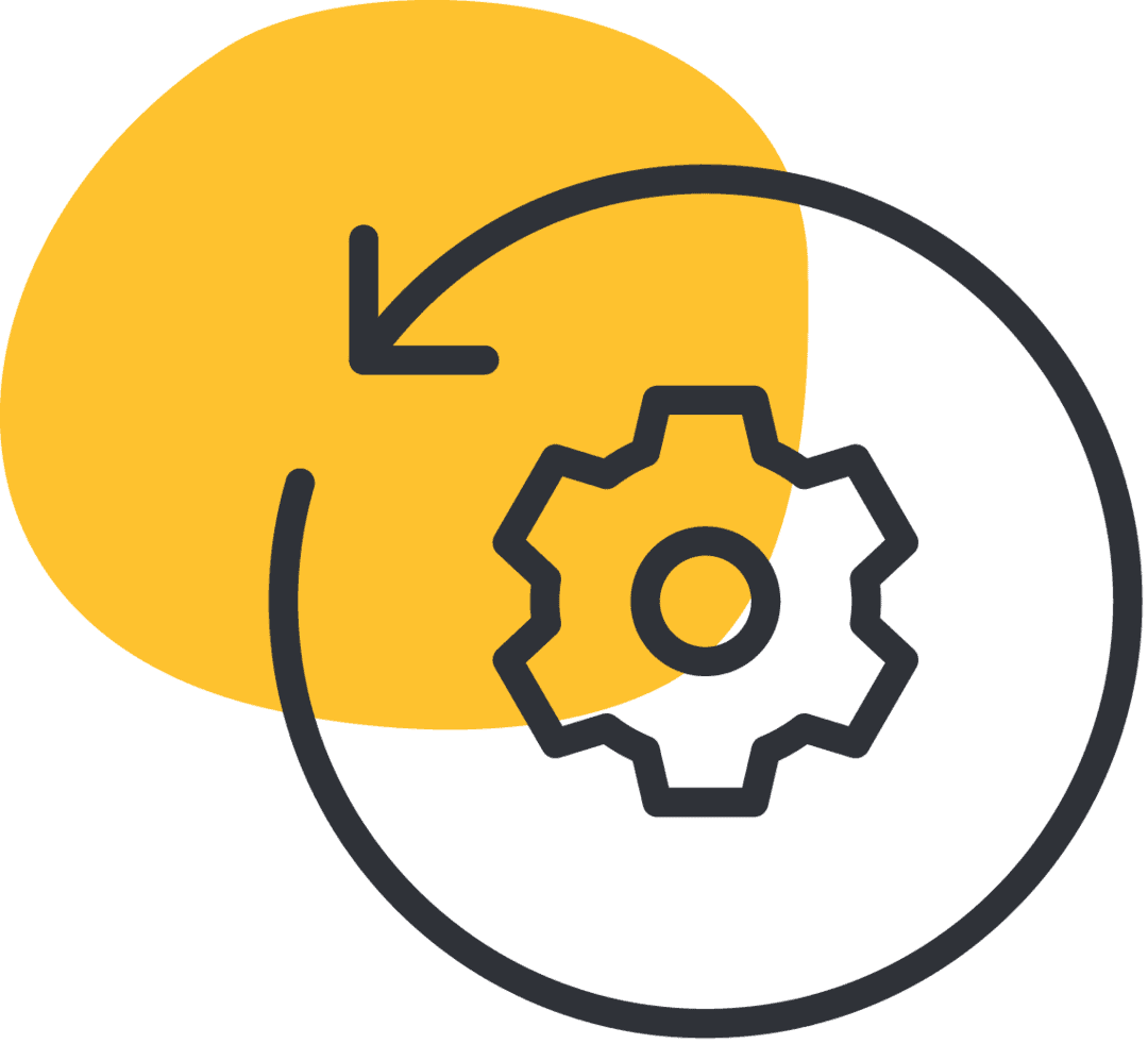 Dunkelgraues Outline-Icon eines Zahnrads mit einem Pfeil drum herum. Im Hintergrund ist eine gelbe, organische Form.