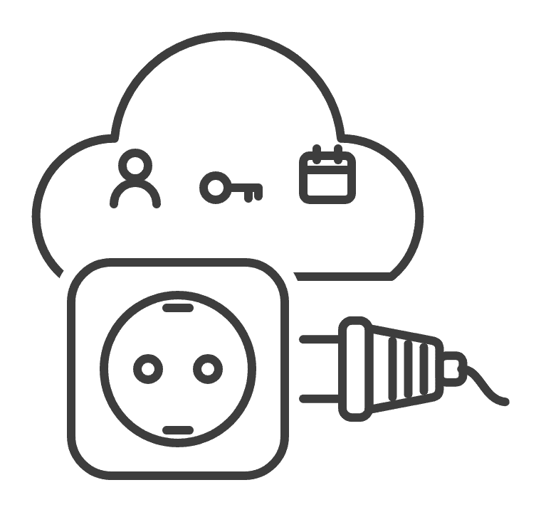 Illustration: Cloud mit Symbolen für Personen, Schlüssel und Kalender, davor eine Steckdose mit Stecker.